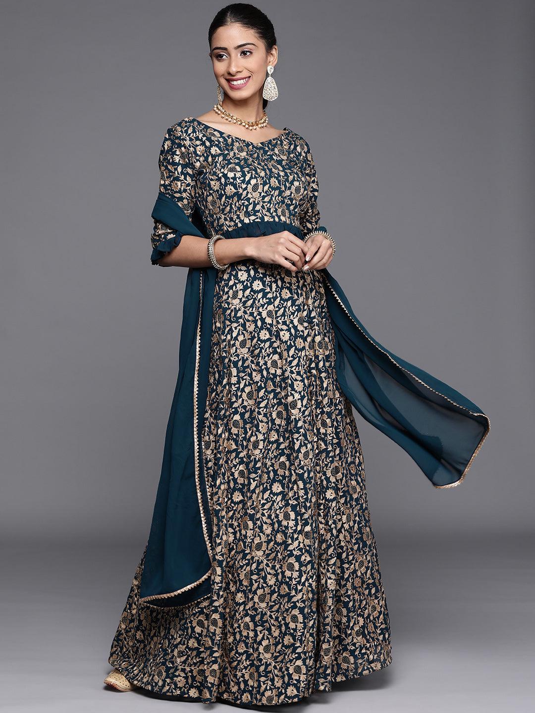 Blue Embroidered Georgette Lehenga Set