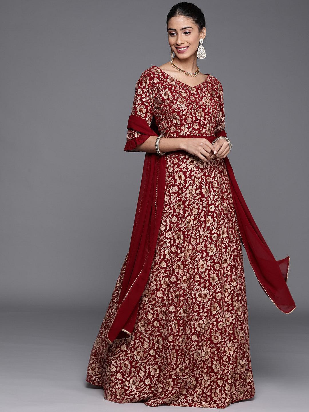 Maroon Embroidered Georgette Lehenga Set