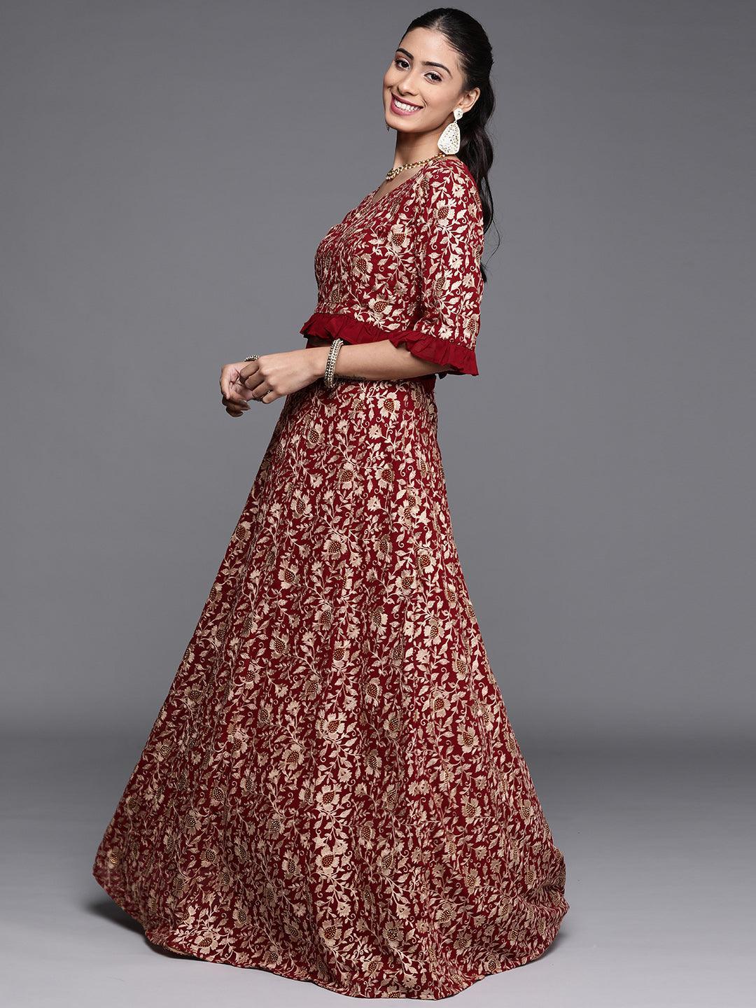 Maroon Embroidered Georgette Lehenga Set