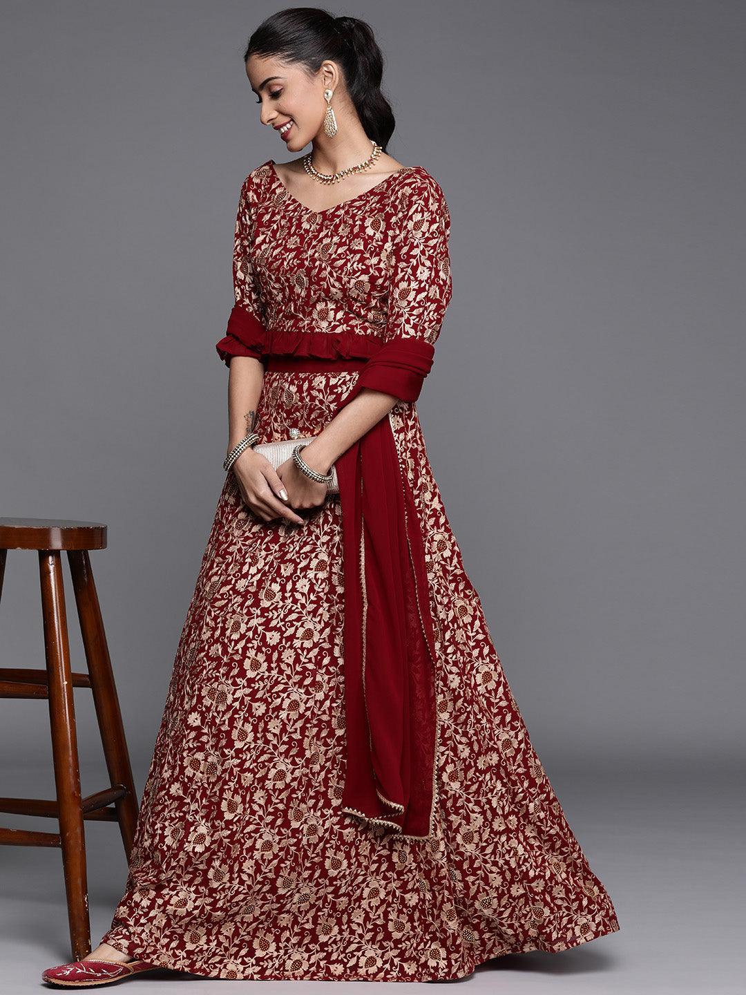 Maroon Embroidered Georgette Lehenga Set