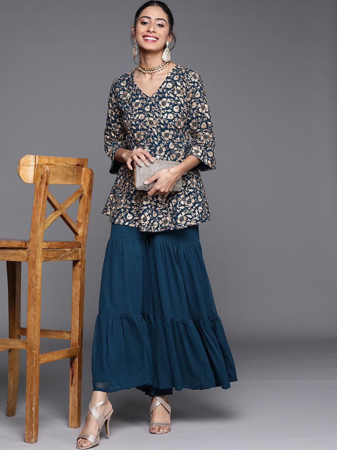 Teal Embroidered Georgette Kurta Set