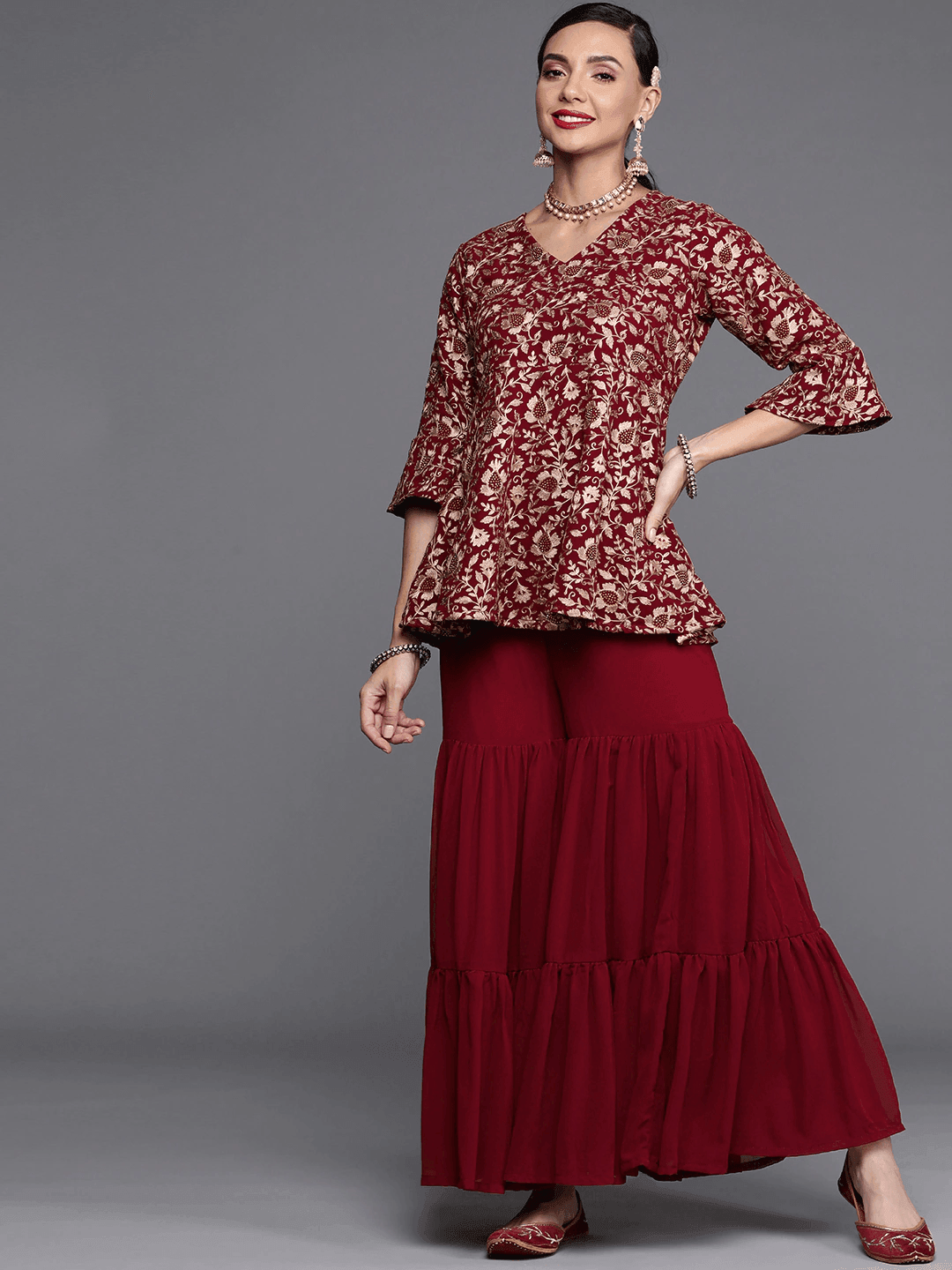 Maroon Embroidered Georgette Kurta Set