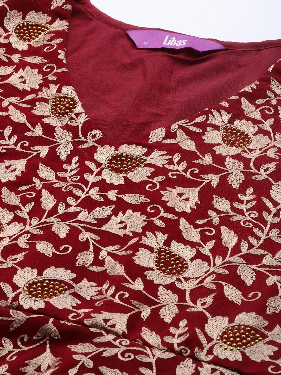 Maroon Embroidered Georgette Kurta Set