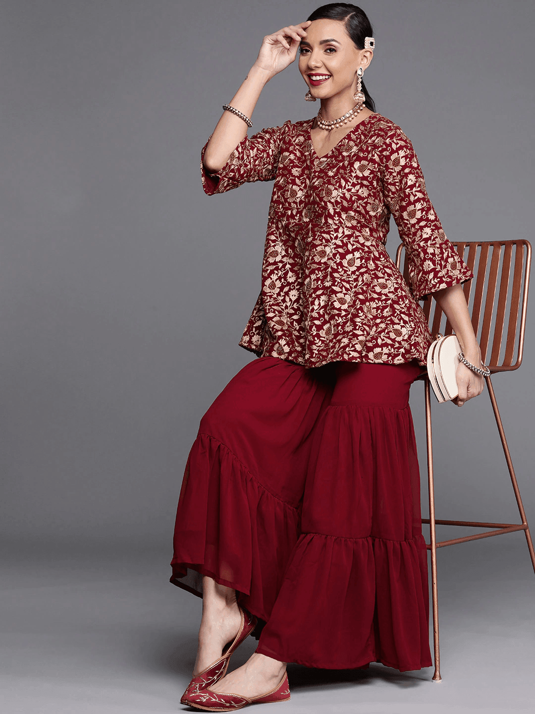 Maroon Embroidered Georgette Kurta Set