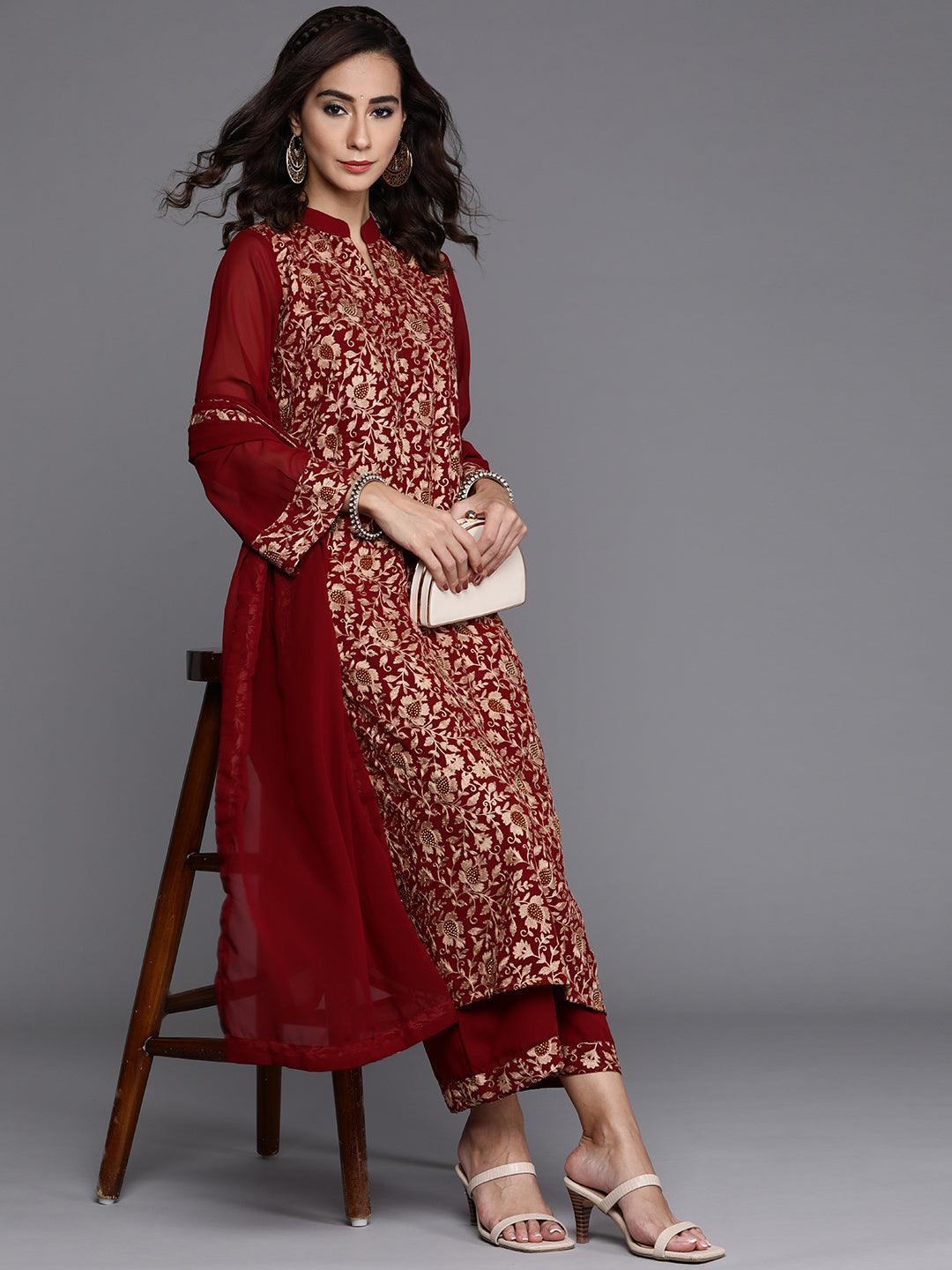 Maroon Embroidered Georgette Suit Set