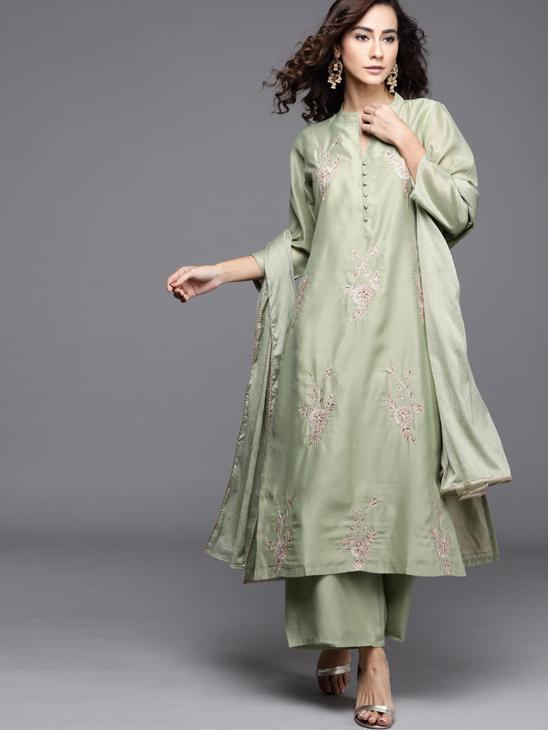 Green Embroidered Chanderi Silk Suit Set - ShopLibas