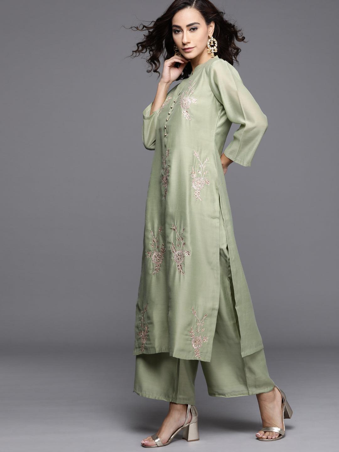 Green Embroidered Chanderi Silk Suit Set