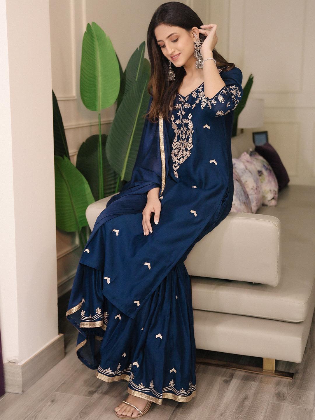 Blue Embroidered Chanderi Silk Suit Set