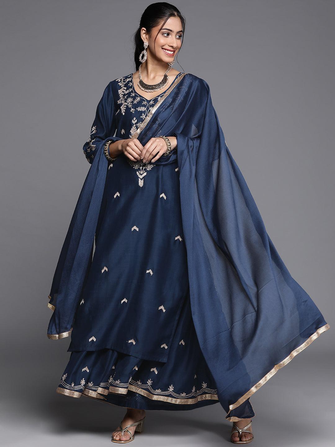 Blue Embroidered Chanderi Silk Suit Set