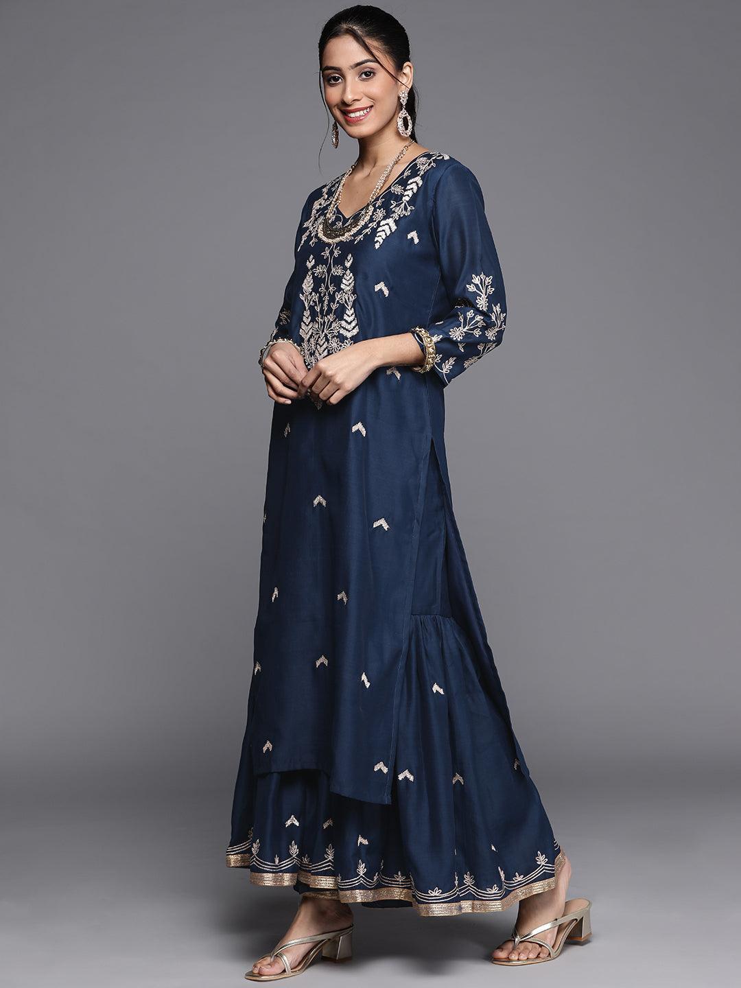 Blue Embroidered Chanderi Silk Suit Set