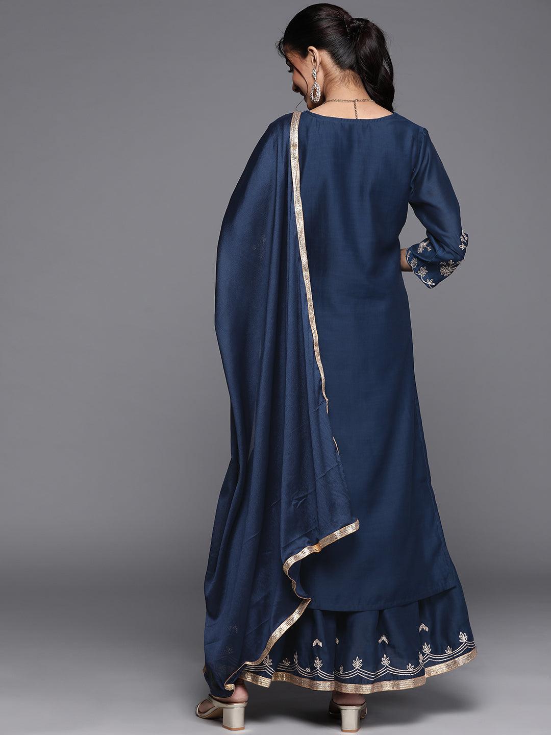 Blue Embroidered Chanderi Silk Suit Set