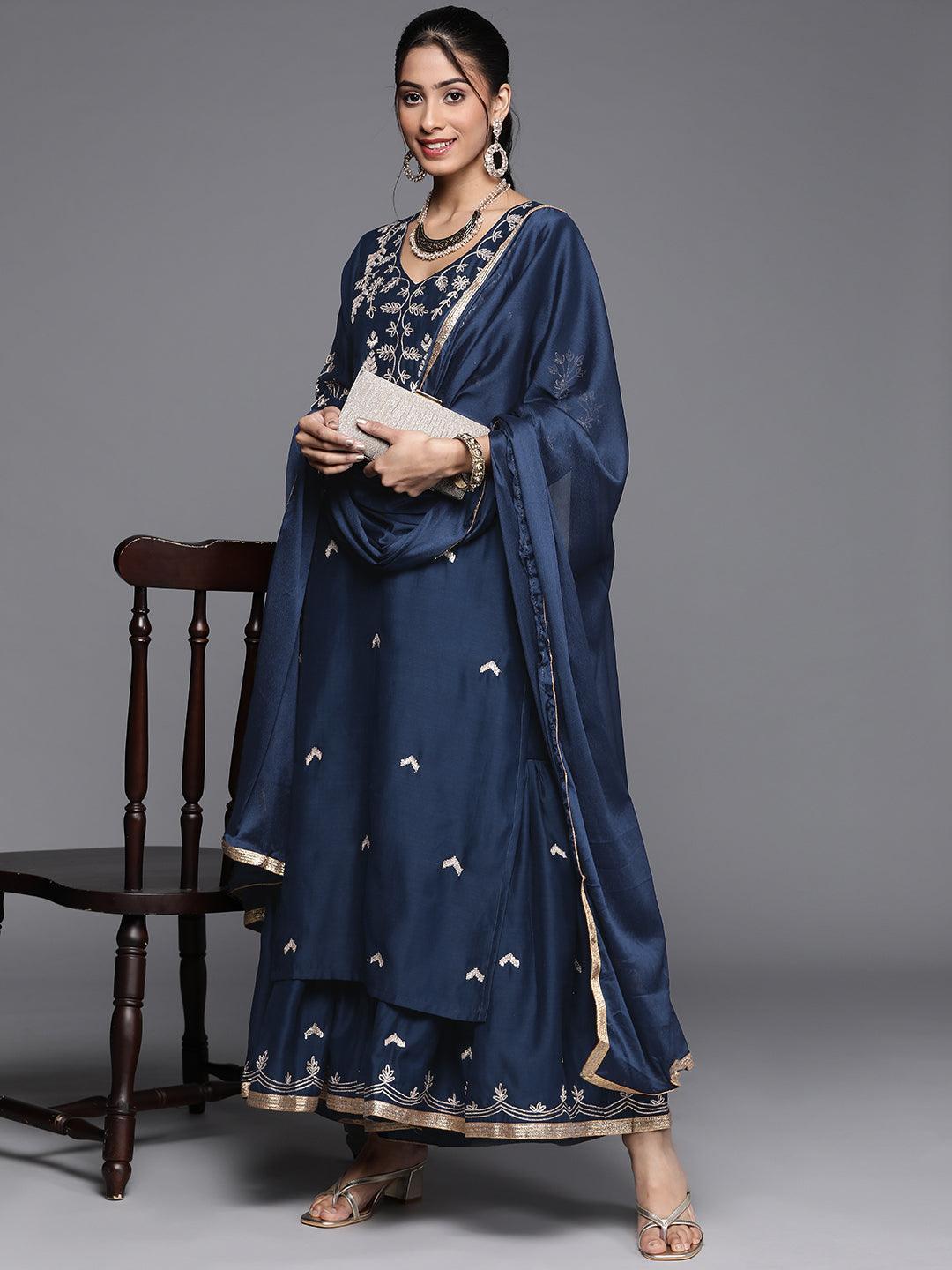 Blue Embroidered Chanderi Silk Suit Set