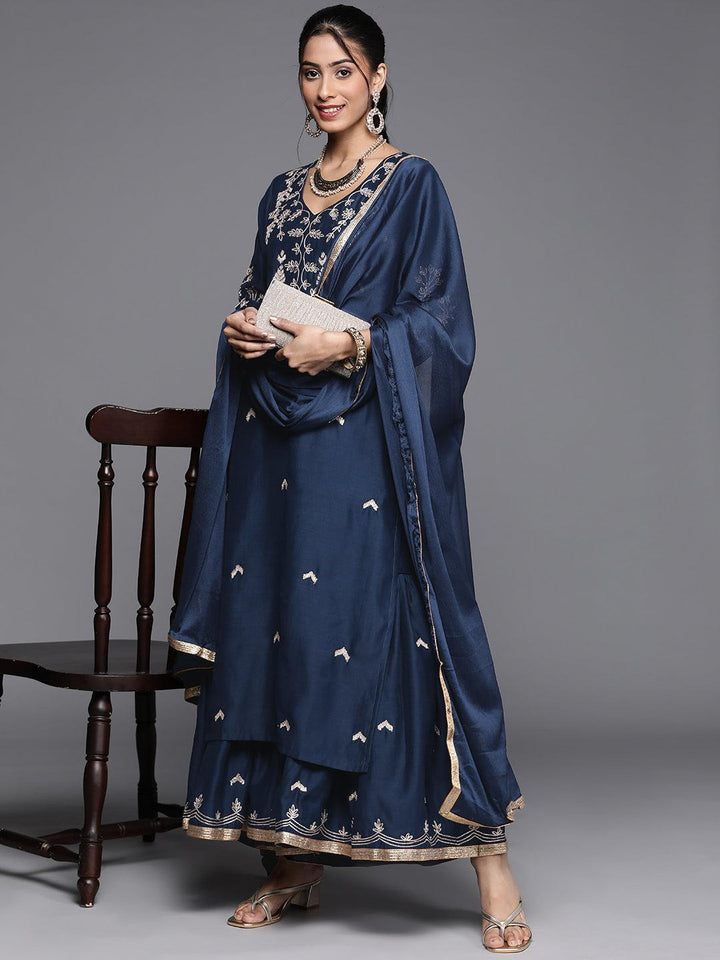 Blue Embroidered Chanderi Silk Suit Set - ShopLibas