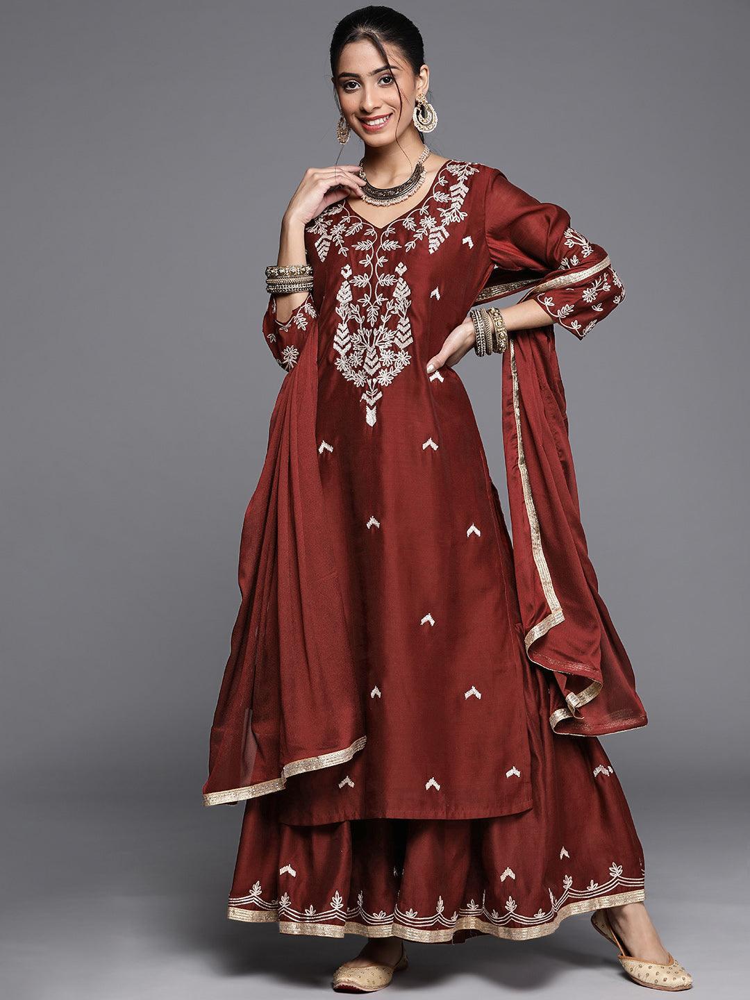 Maroon Embroidered Chanderi Silk Suit Set