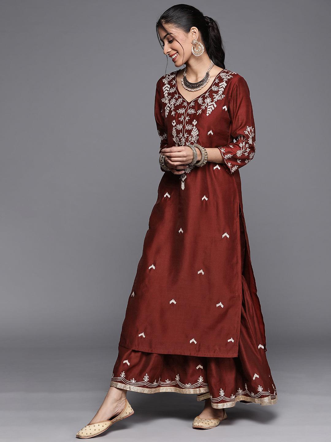 Maroon Embroidered Chanderi Silk Suit Set