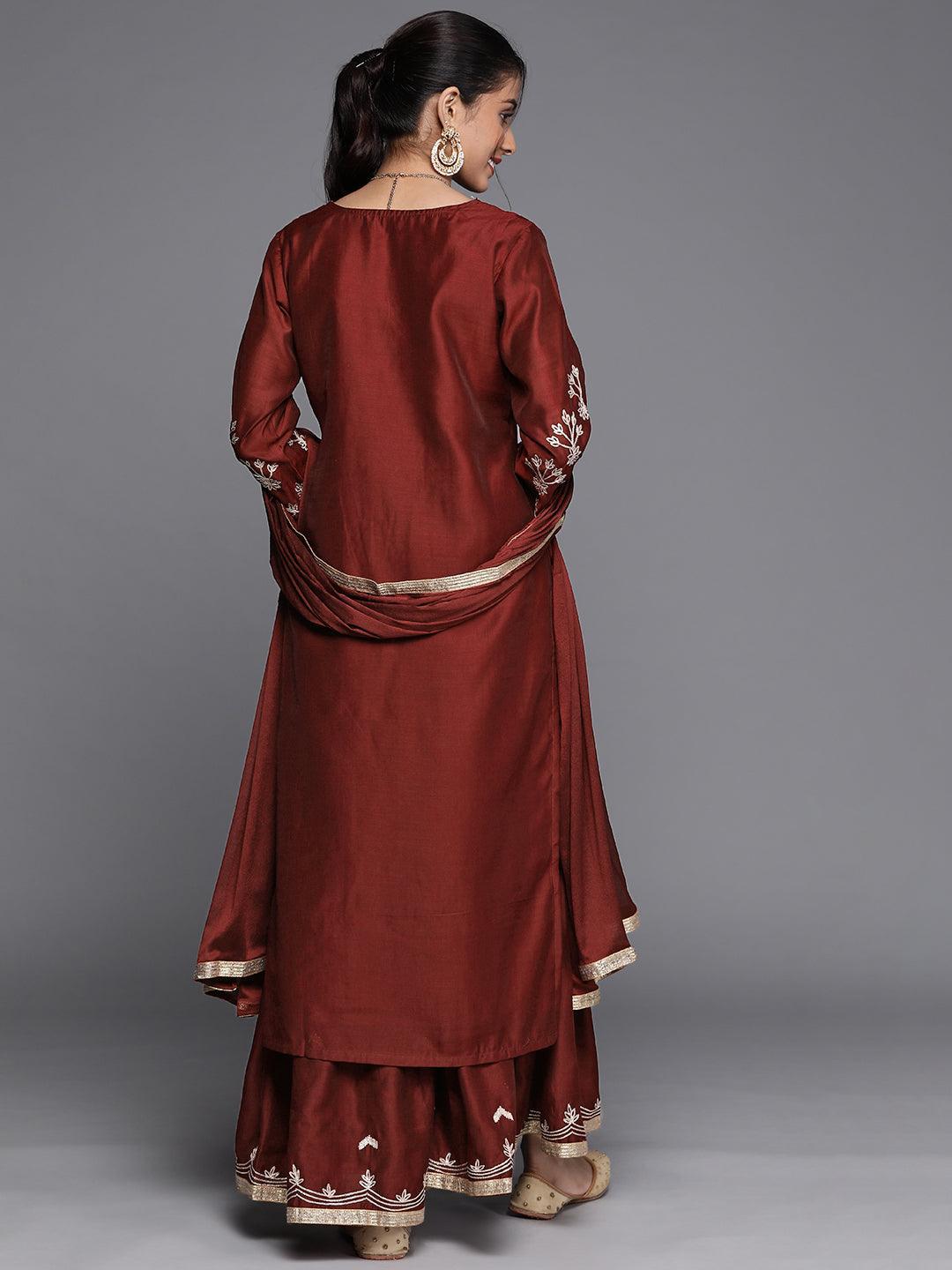 Maroon Embroidered Chanderi Silk Suit Set