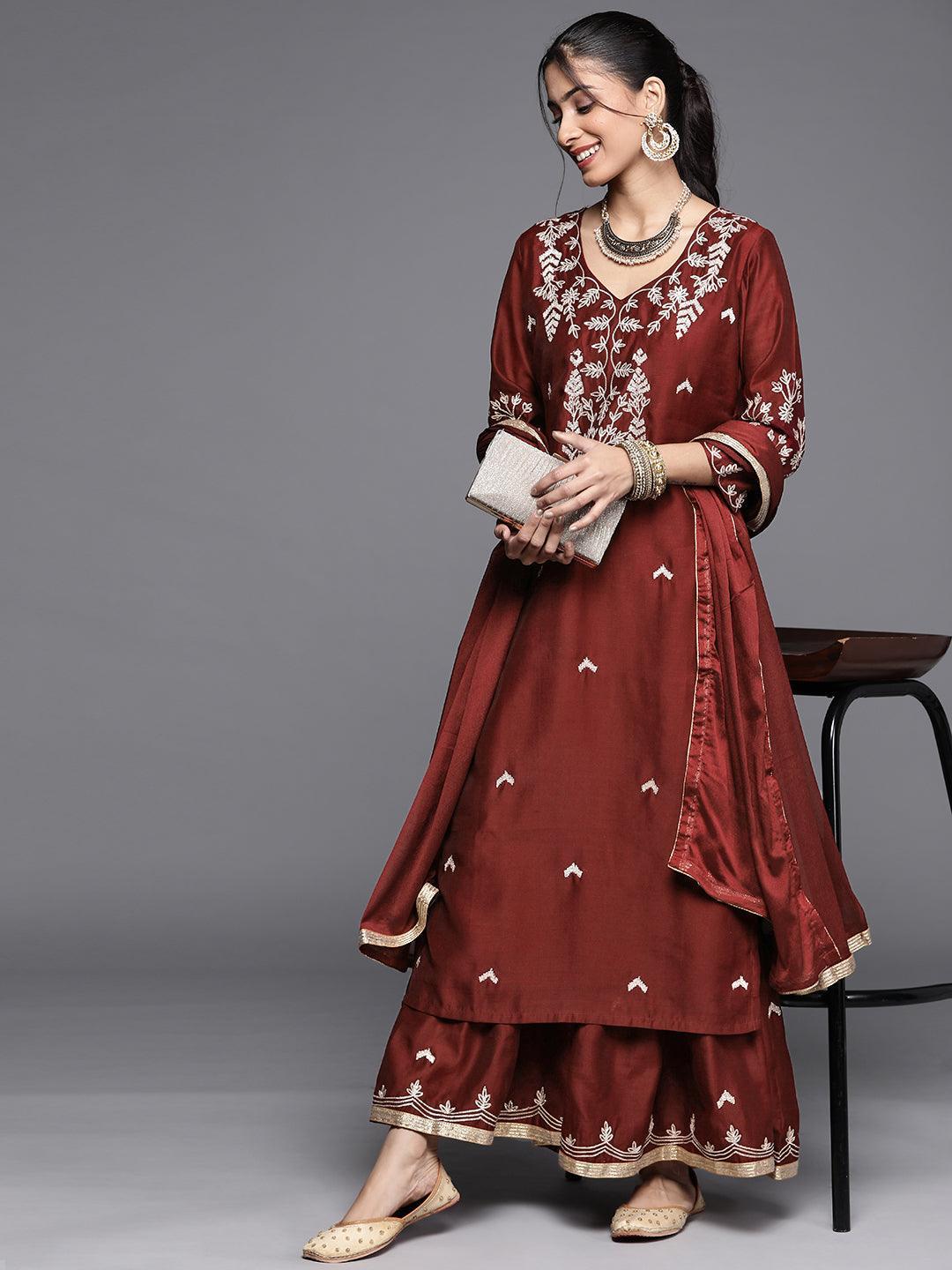 Maroon Embroidered Chanderi Silk Suit Set