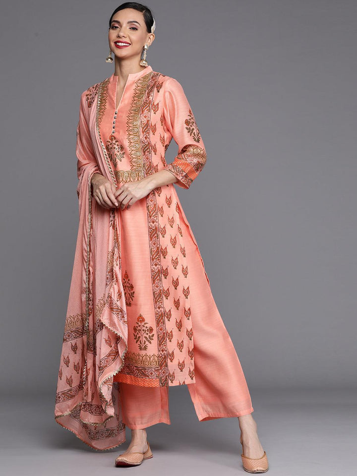 Peach Printed Chanderi Silk Suit Set - ShopLibas