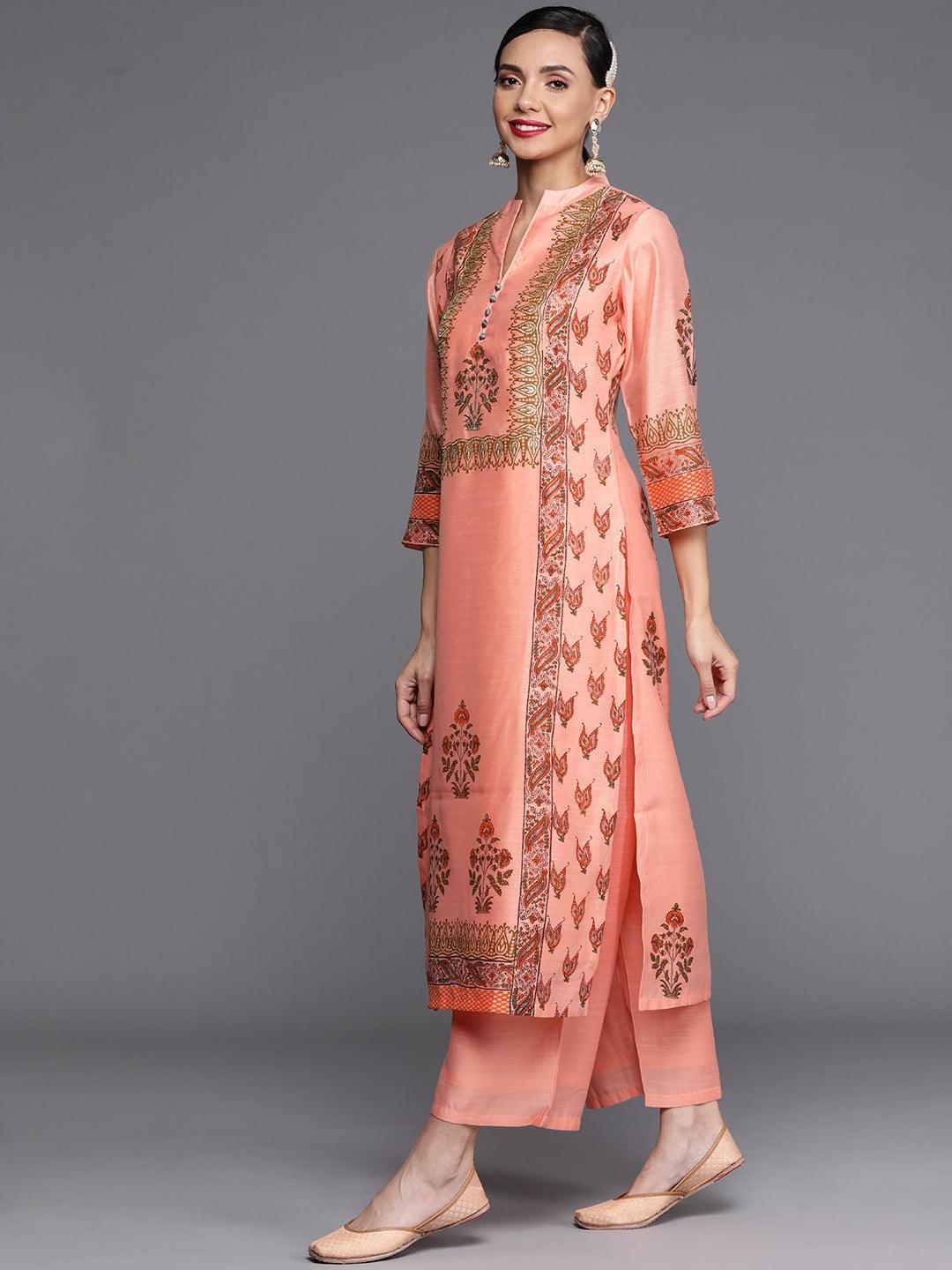 Peach Printed Chanderi Silk Suit Set