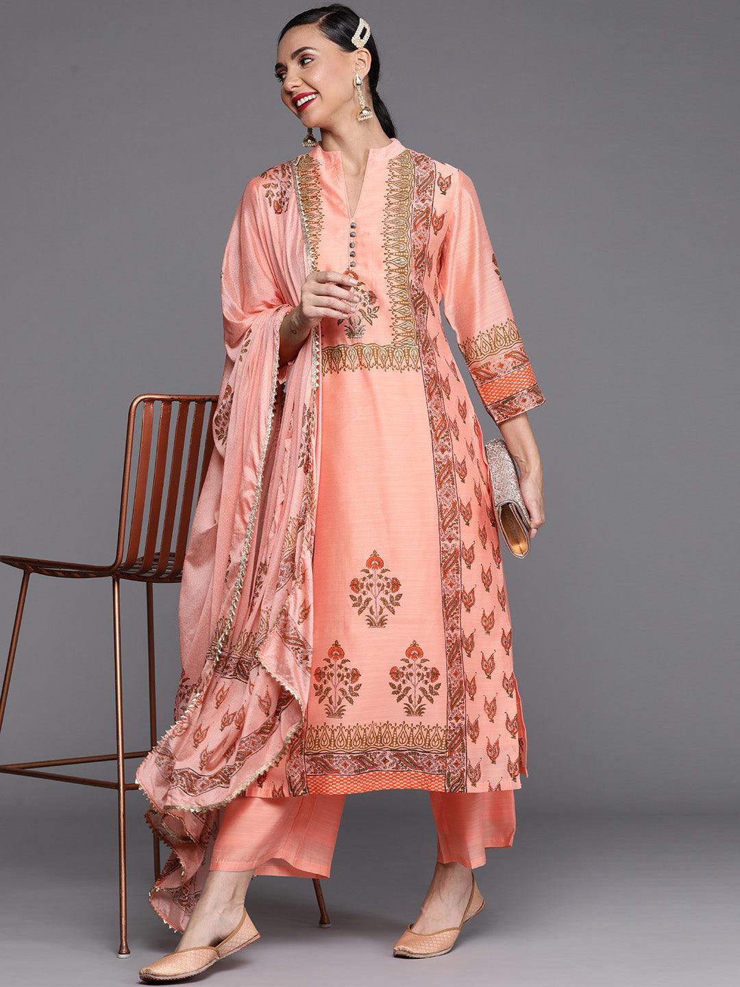 Peach Printed Chanderi Silk Suit Set