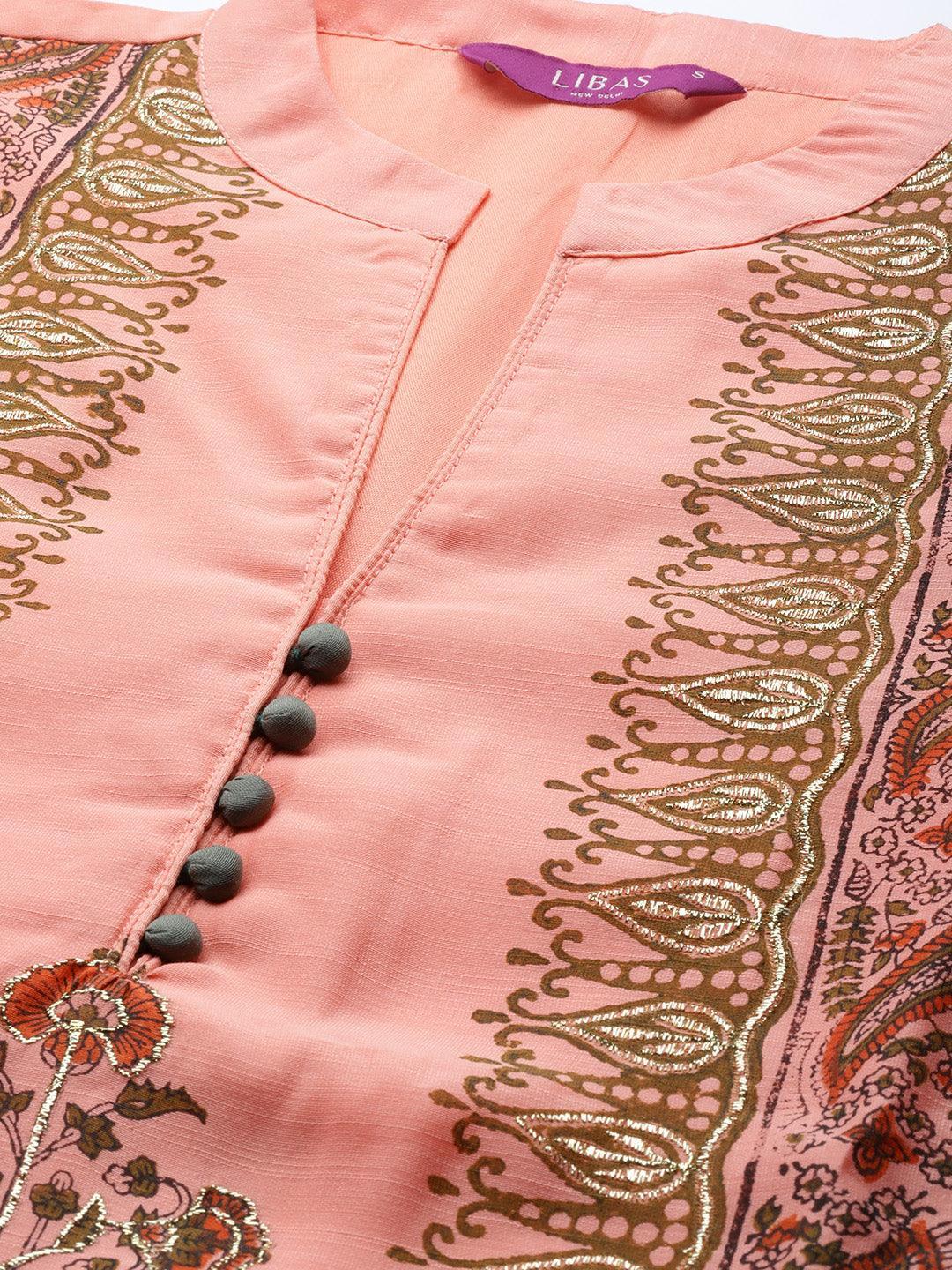 Peach Printed Chanderi Silk Suit Set