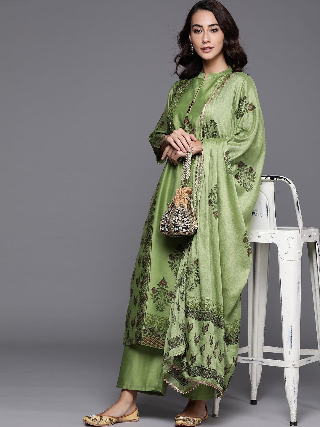 Green Printed Chanderi Silk Suit Set