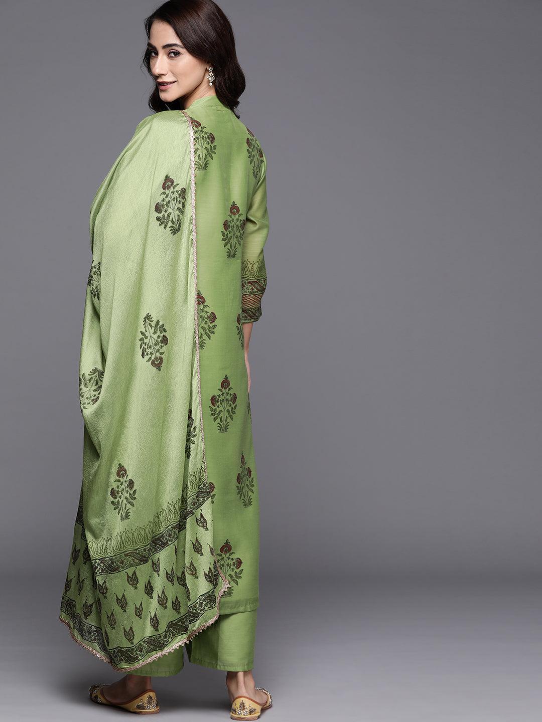 Green Printed Chanderi Silk Suit Set - ShopLibas