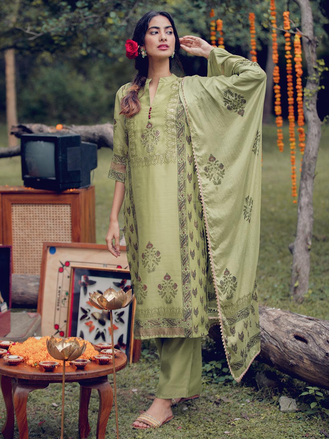 Green Printed Chanderi Silk Suit Set