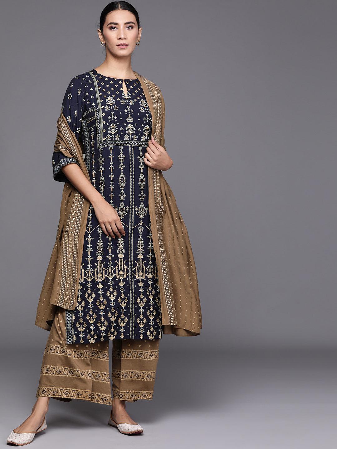 Navy Blue Printed Silk Blend Suit Set