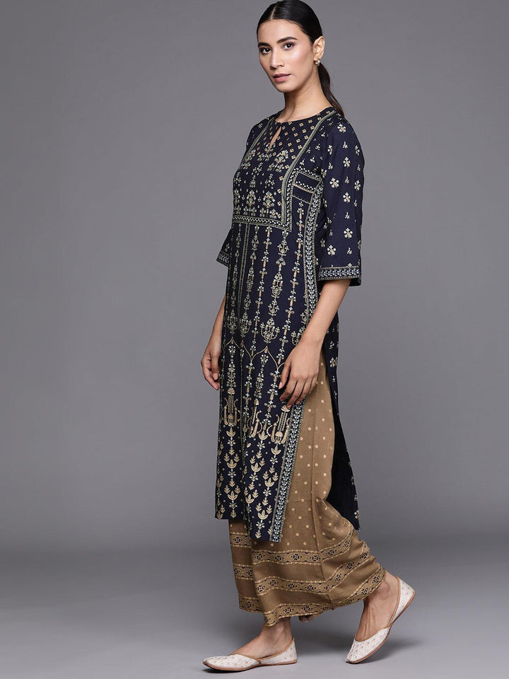 Navy Blue Printed Silk Blend Suit Set - ShopLibas