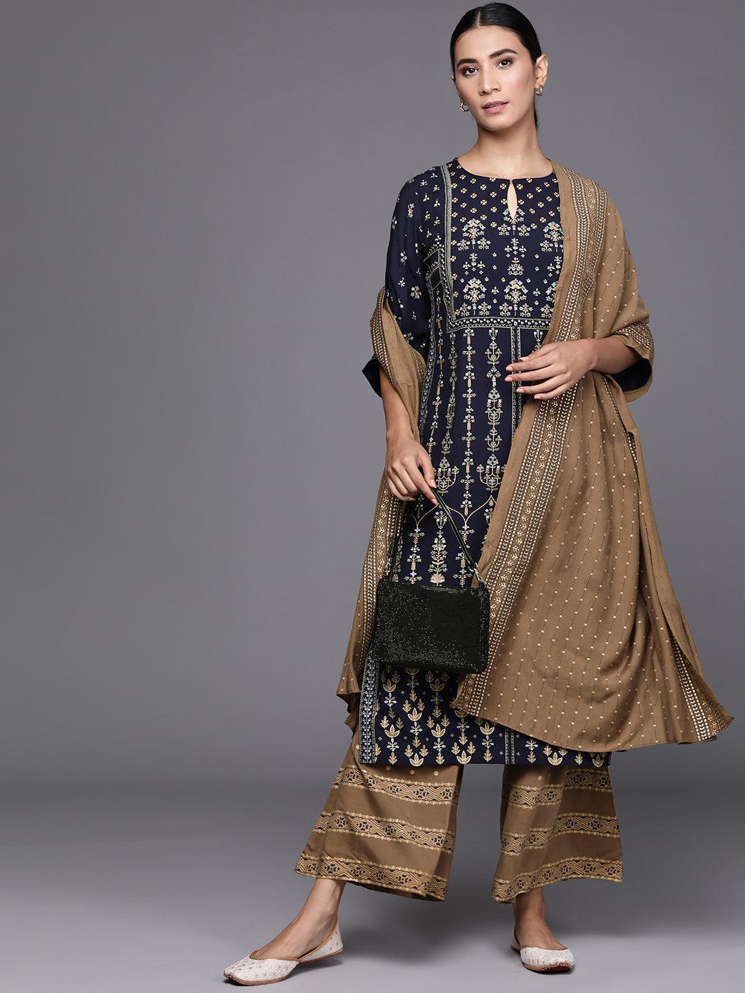 Navy Blue Printed Silk Blend Suit Set - ShopLibas