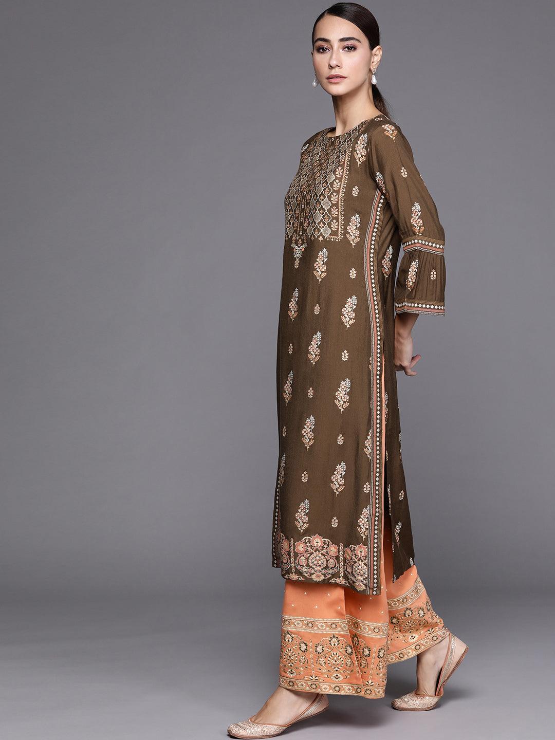 Green Printed Silk Blend Suit Set