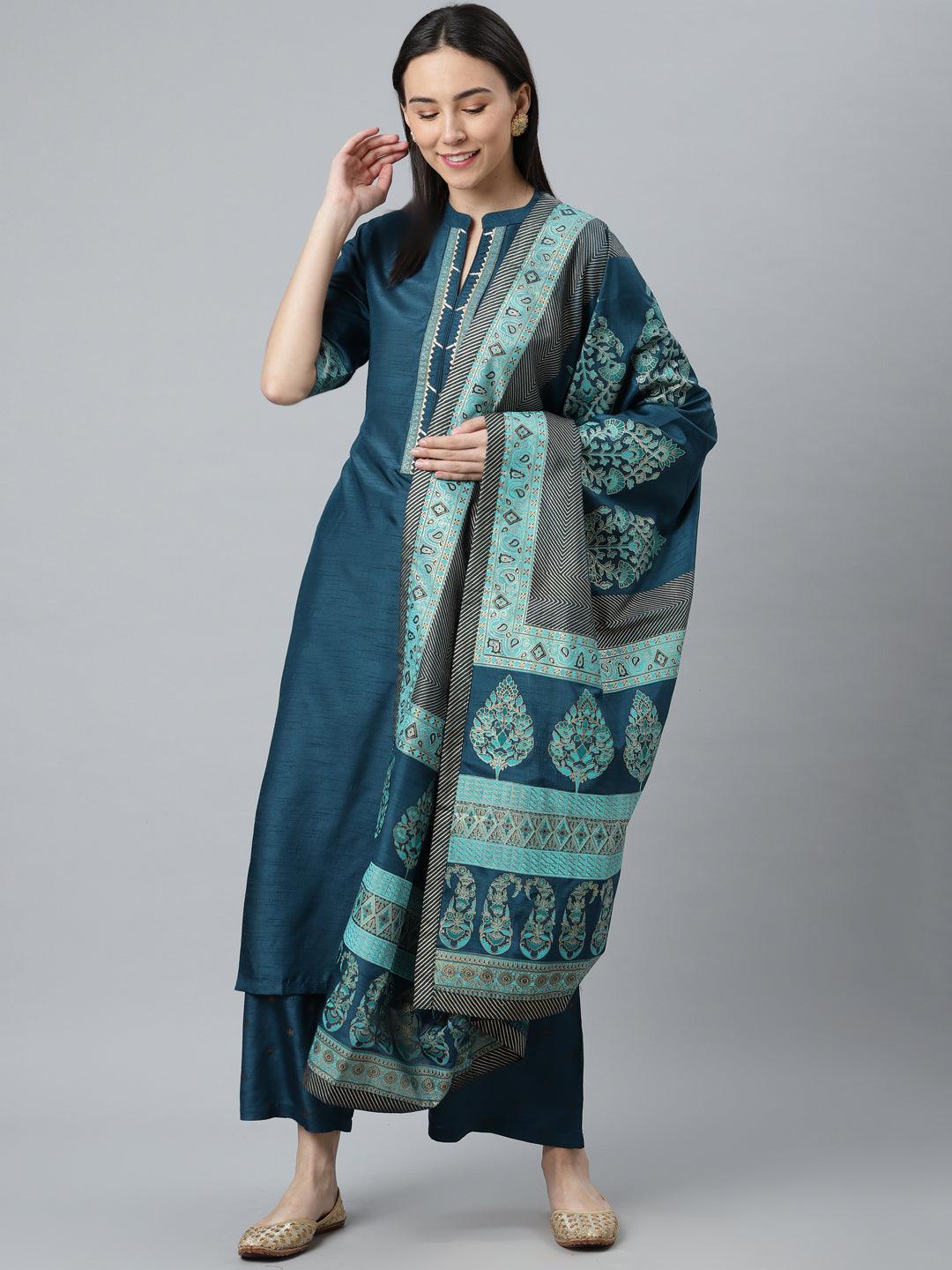 Blue Solid Silk Blend Suit Set