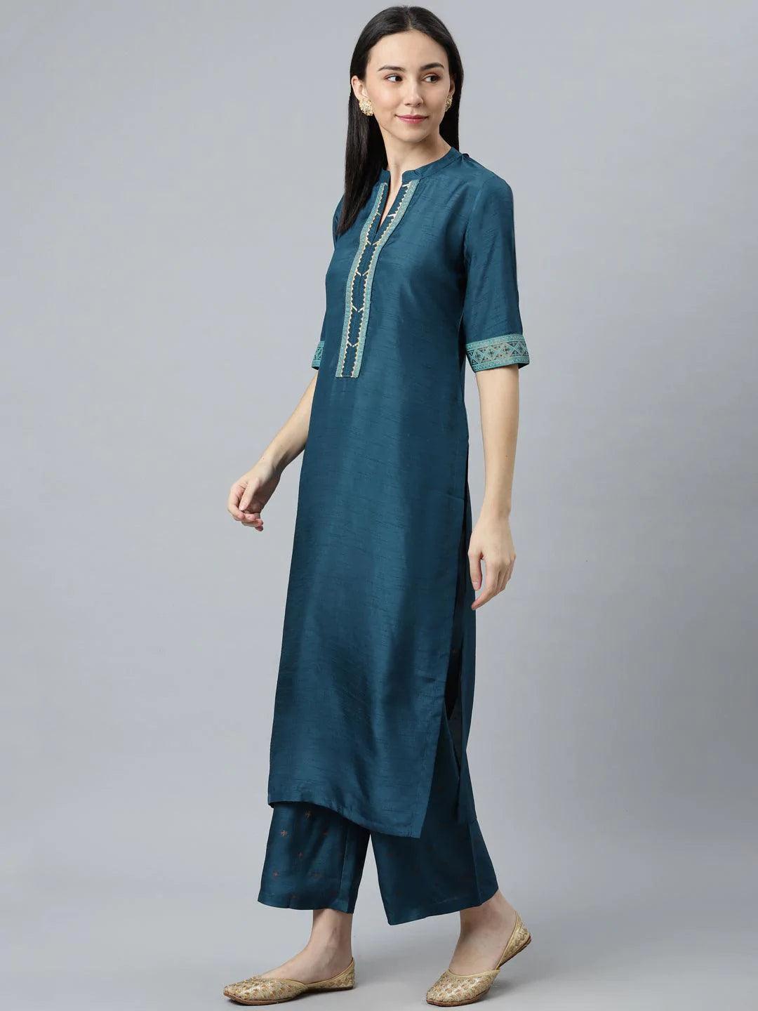 Blue Solid Silk Blend Suit Set