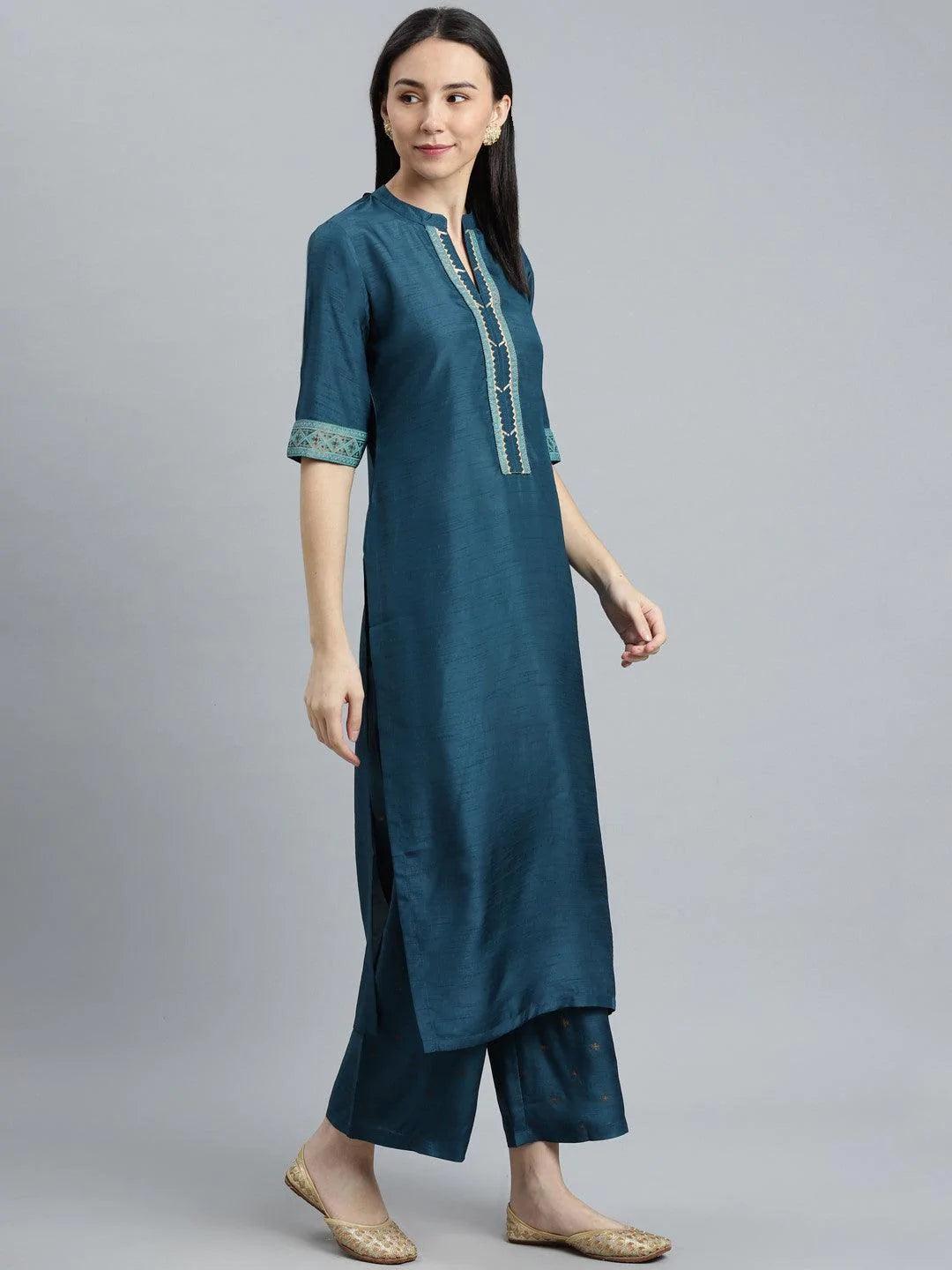 Blue Solid Silk Blend Suit Set