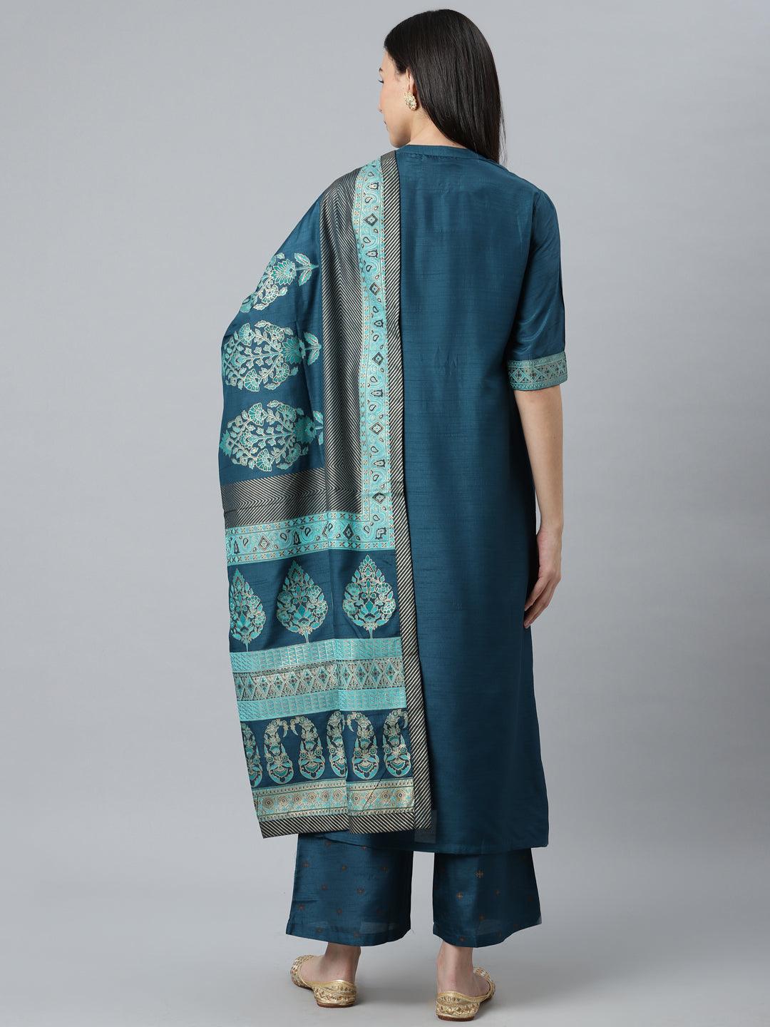 Blue Solid Silk Blend Suit Set