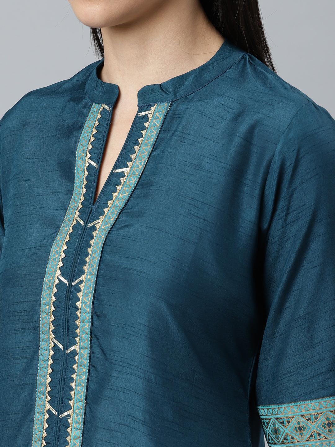 Blue Solid Silk Blend Suit Set