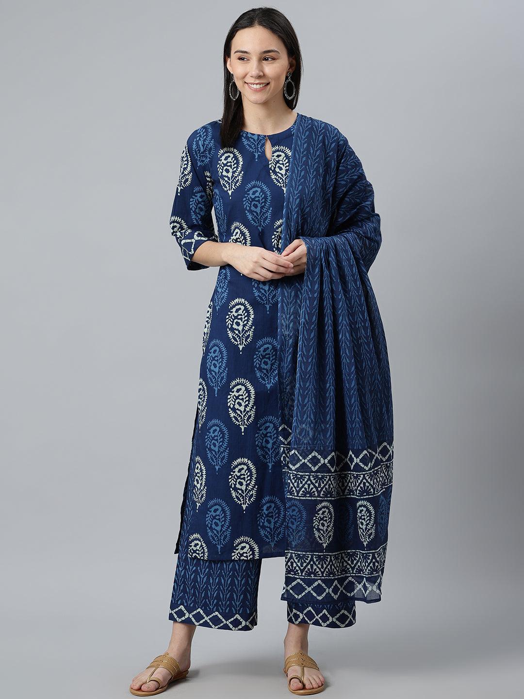 Blue Printed Cotton Suit Set