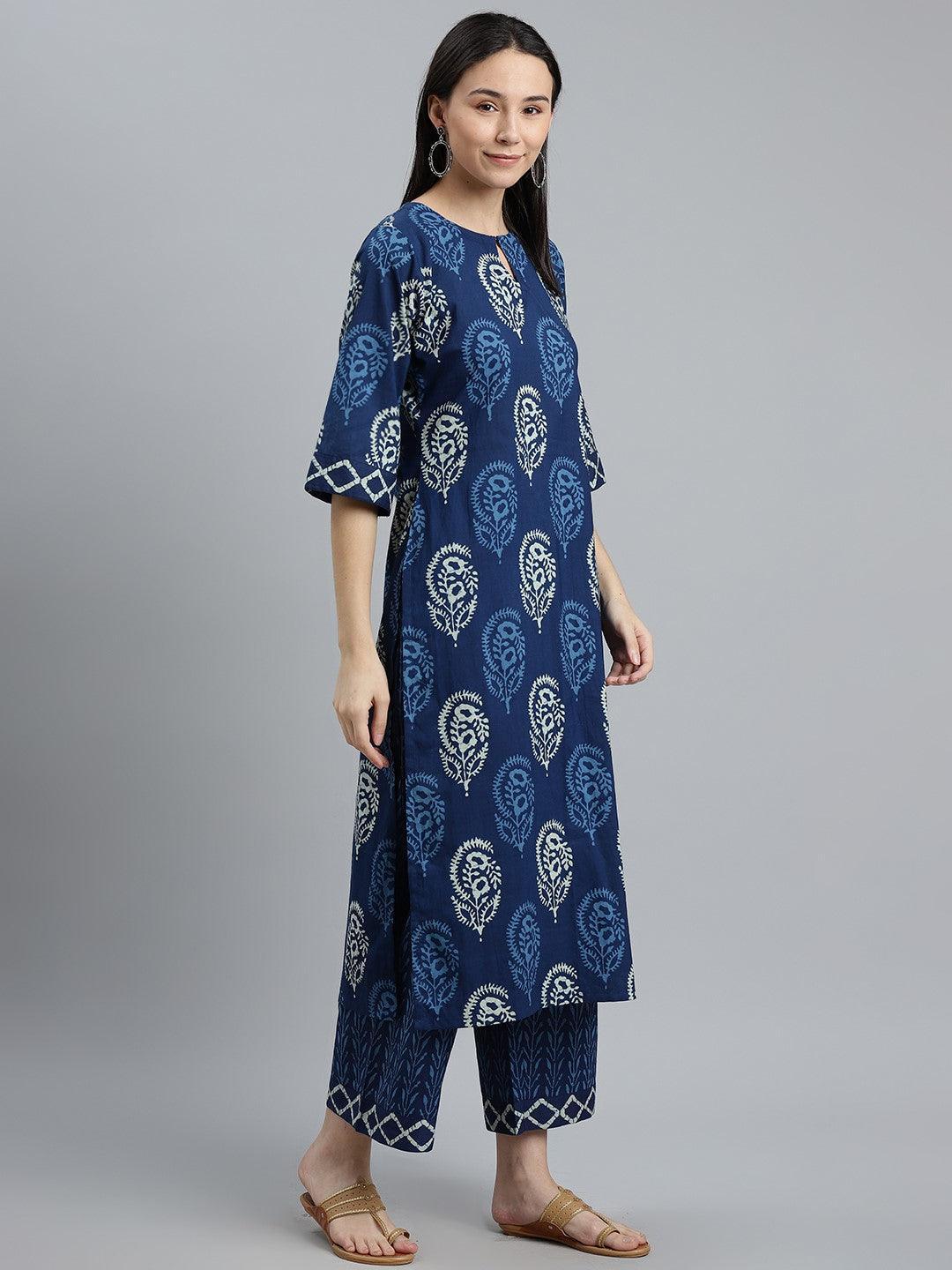 Blue Printed Cotton Suit Set