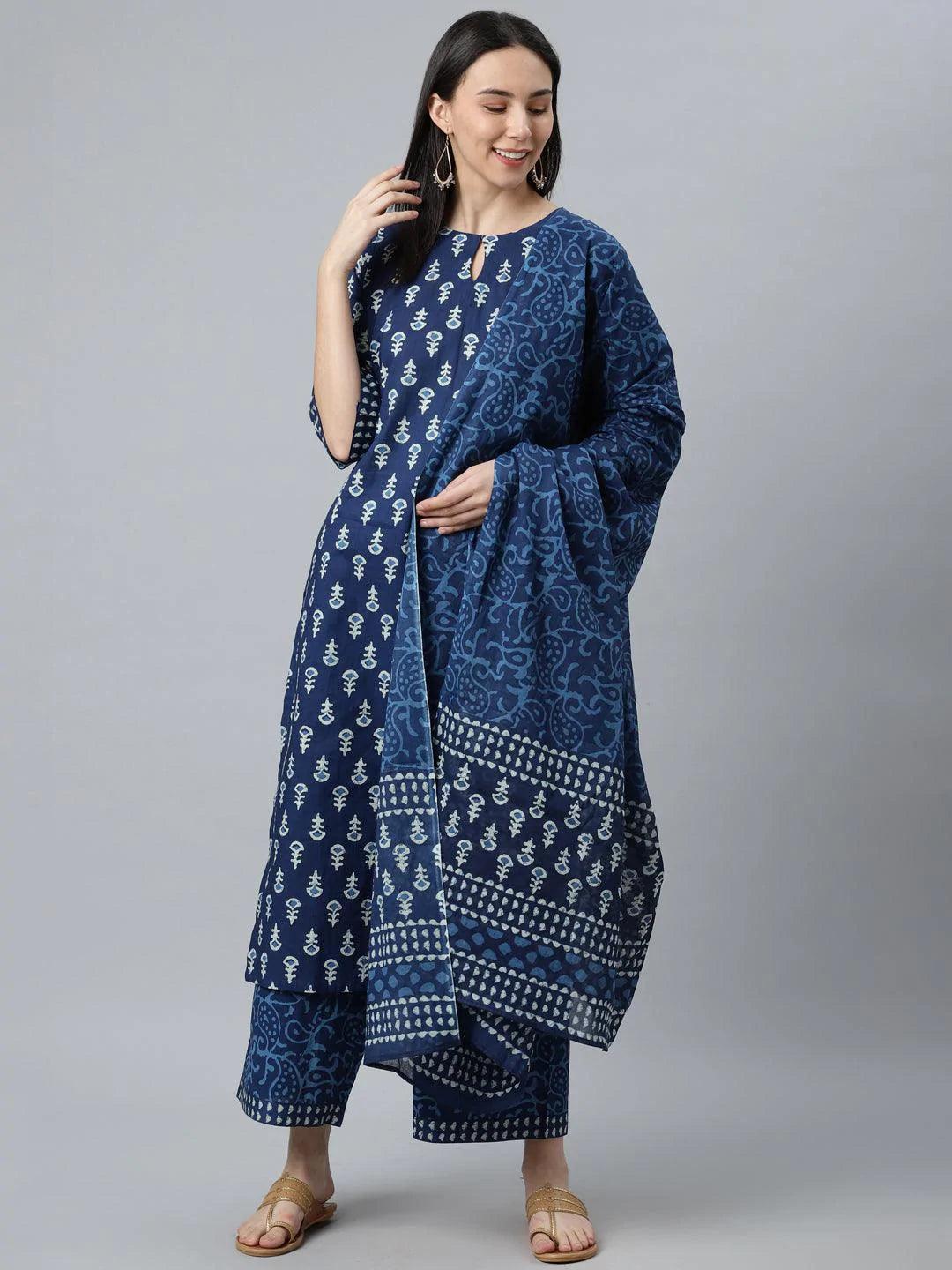 Blue Printed Cotton Suit Set