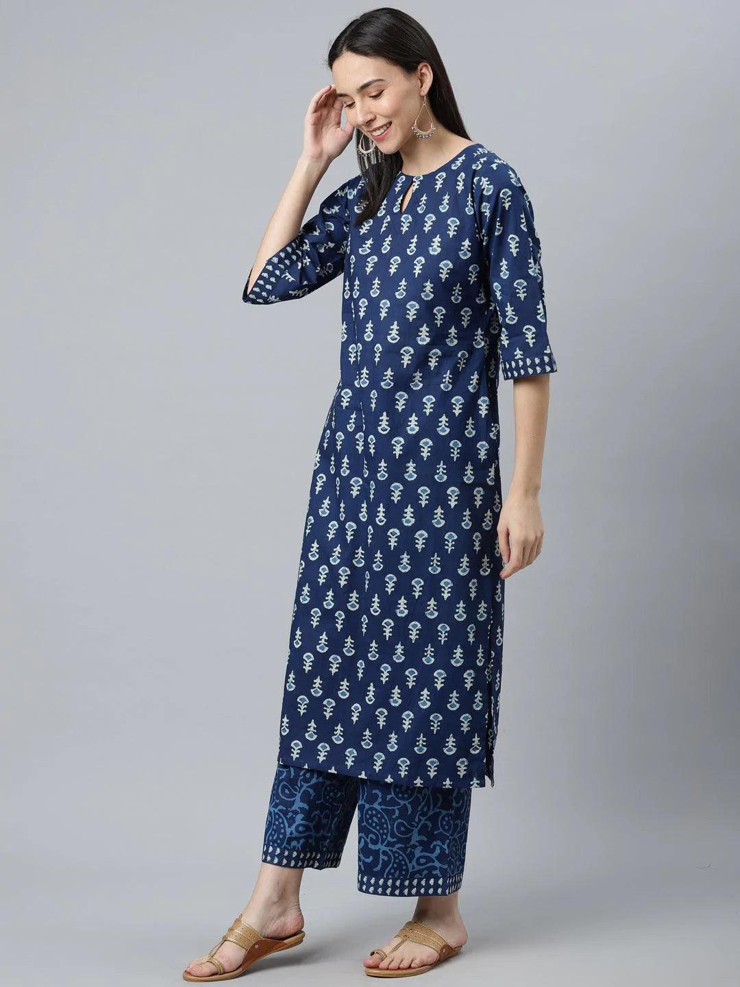 Blue Printed Cotton Suit Set