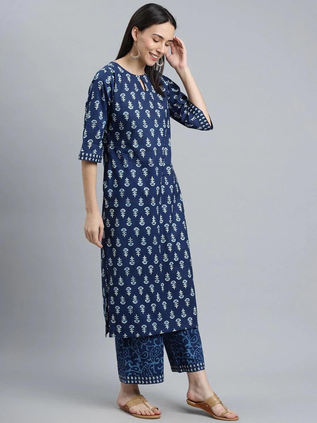 Blue Printed Cotton Suit Set