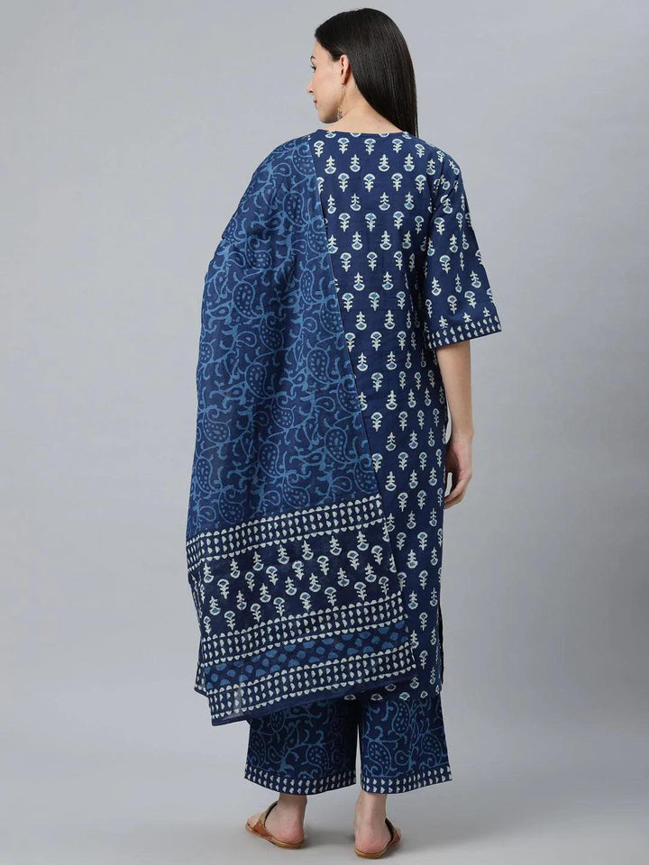 Blue Printed Cotton Suit Set - ShopLibas