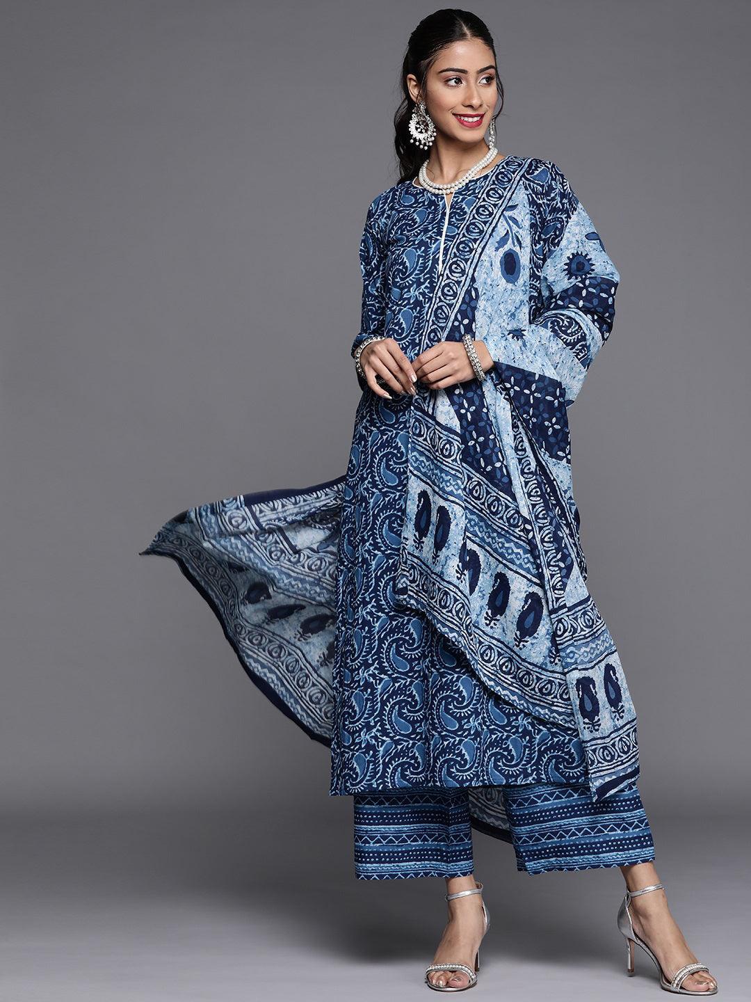 Blue Printed Cotton Suit Set