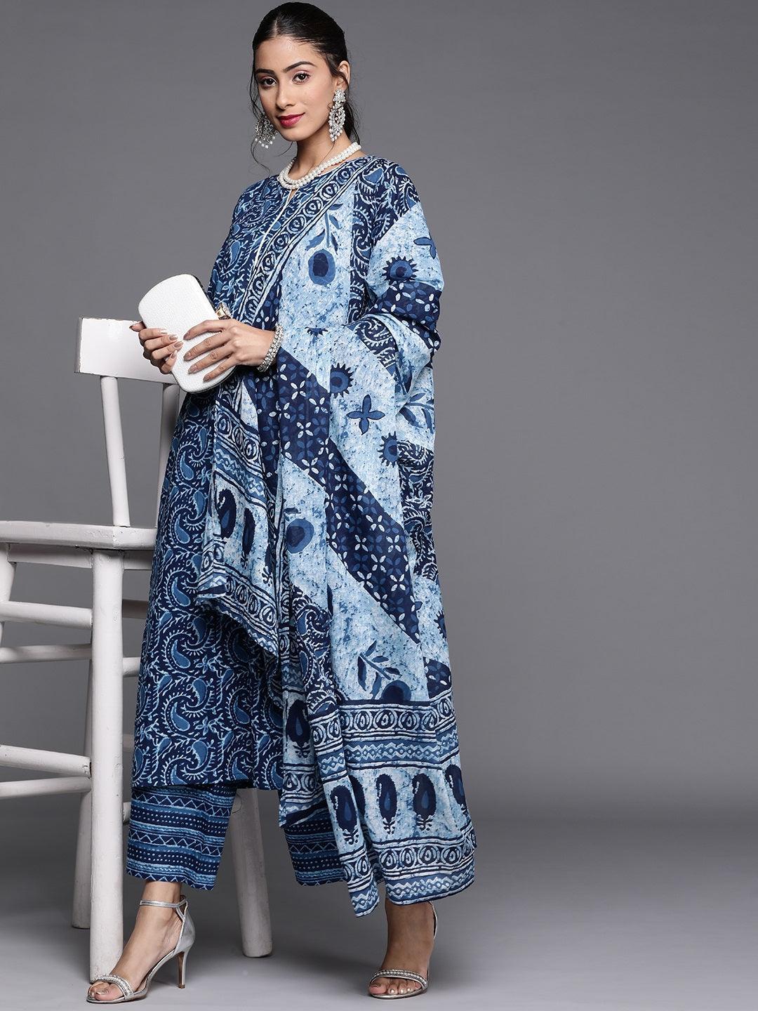 Blue Printed Cotton Suit Set