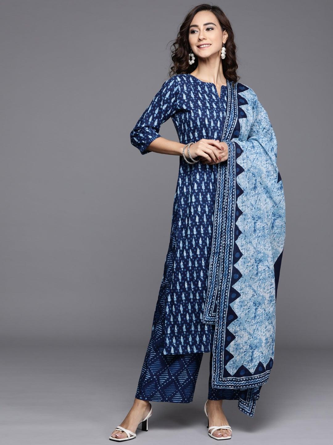 Blue Printed Cotton Suit Set