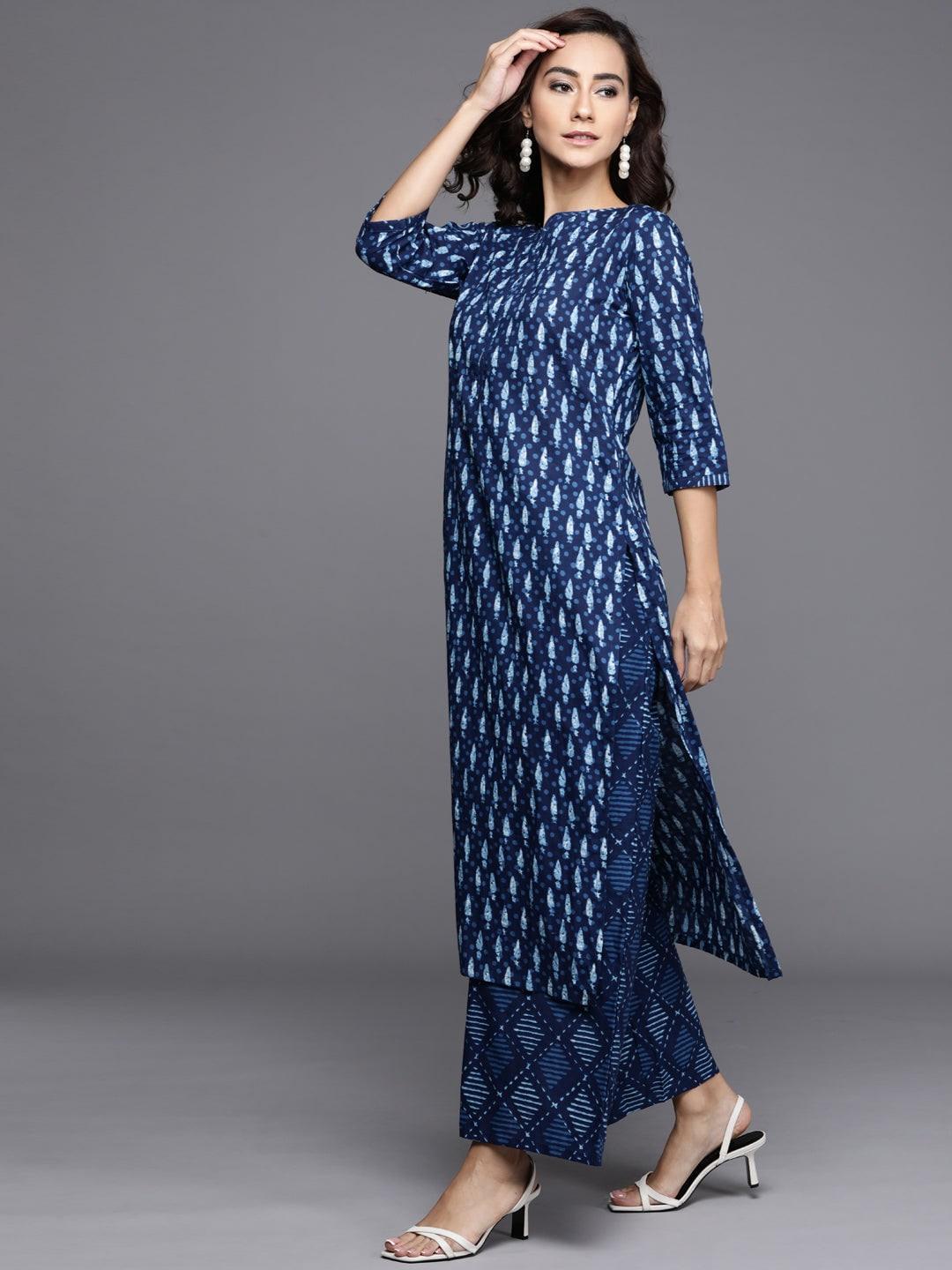 Blue Printed Cotton Suit Set - ShopLibas