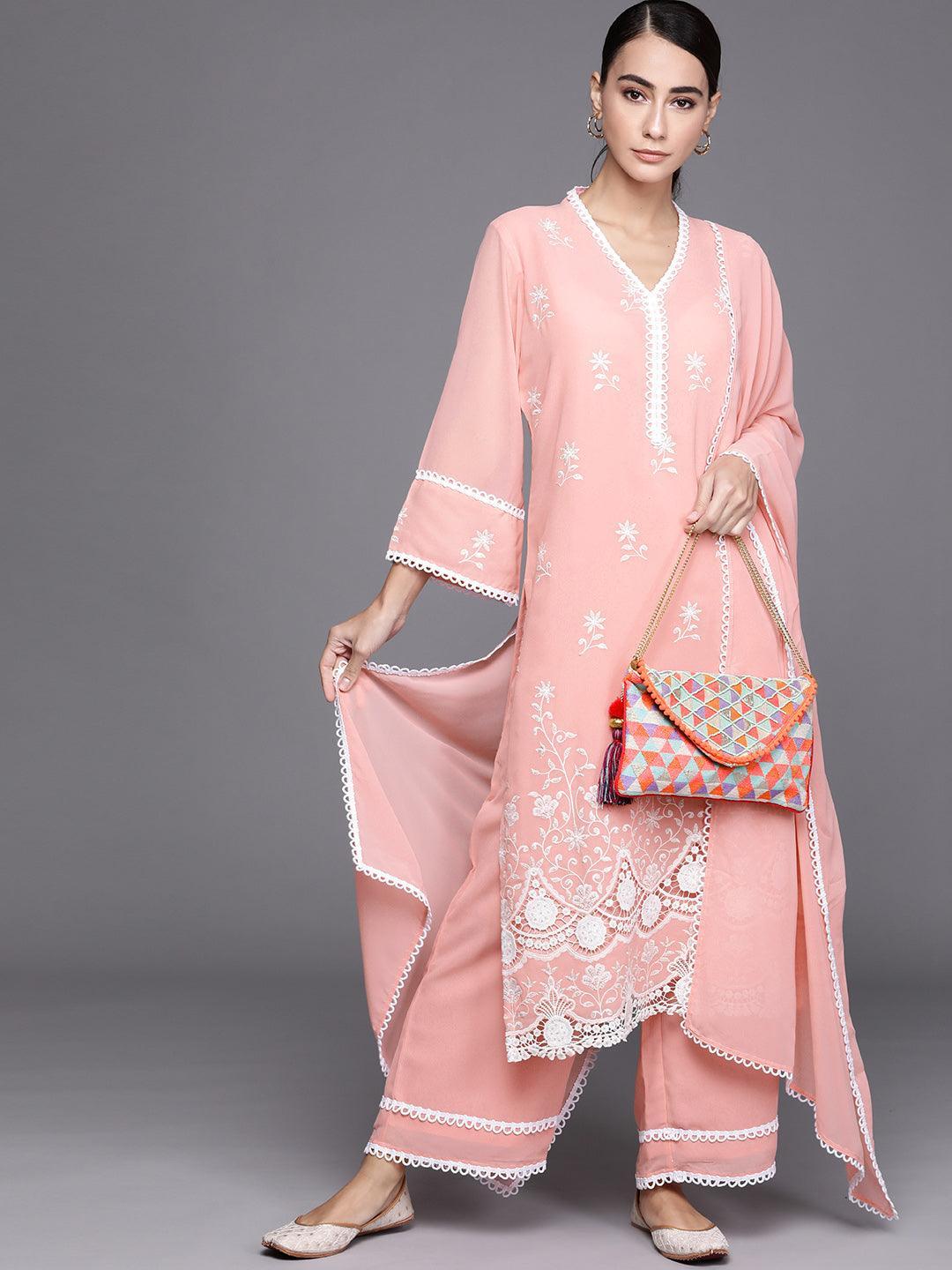 Pink Embroidered Georgette Suit Set