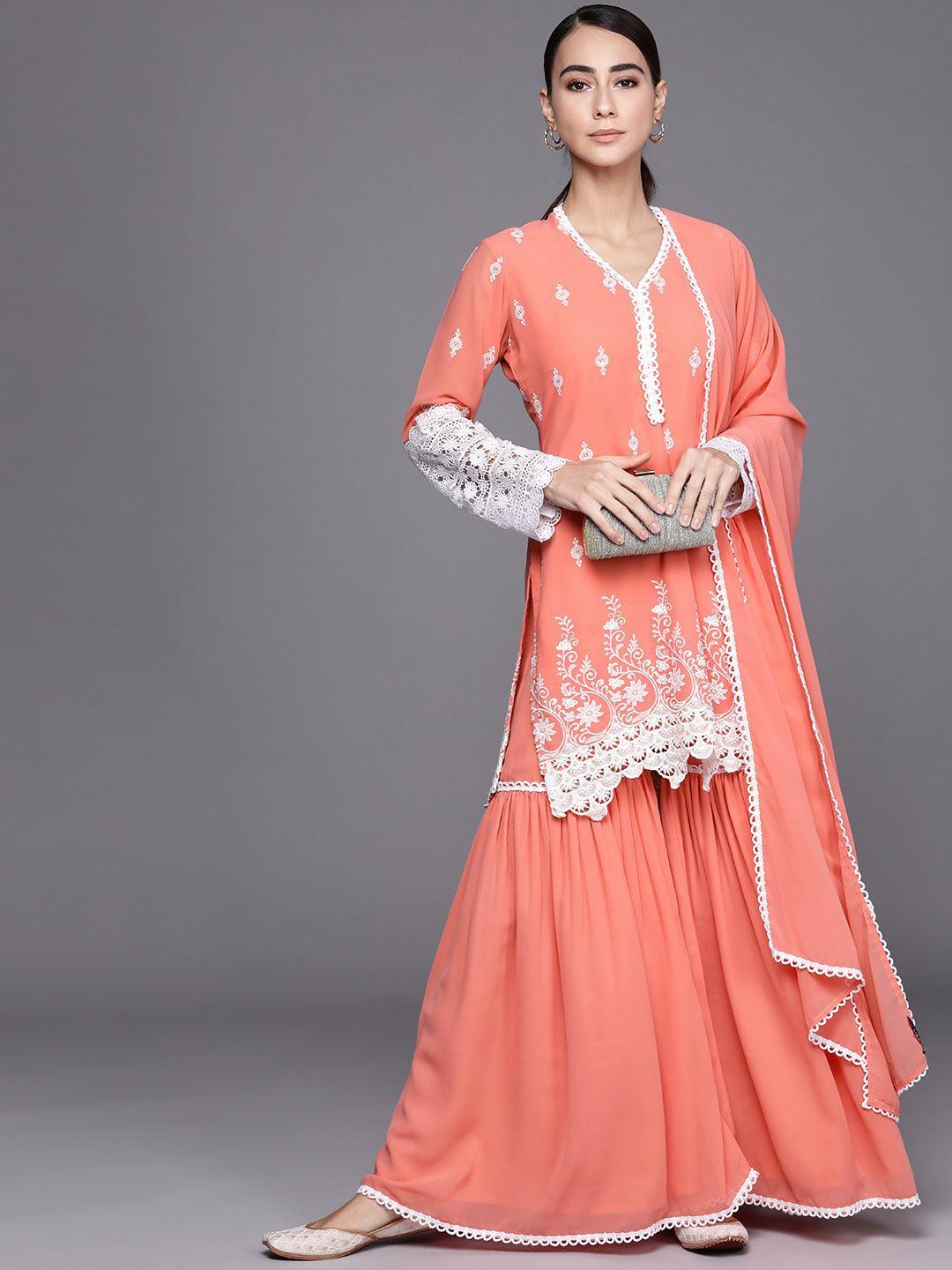 Peach Embroidered Georgette Suit Set