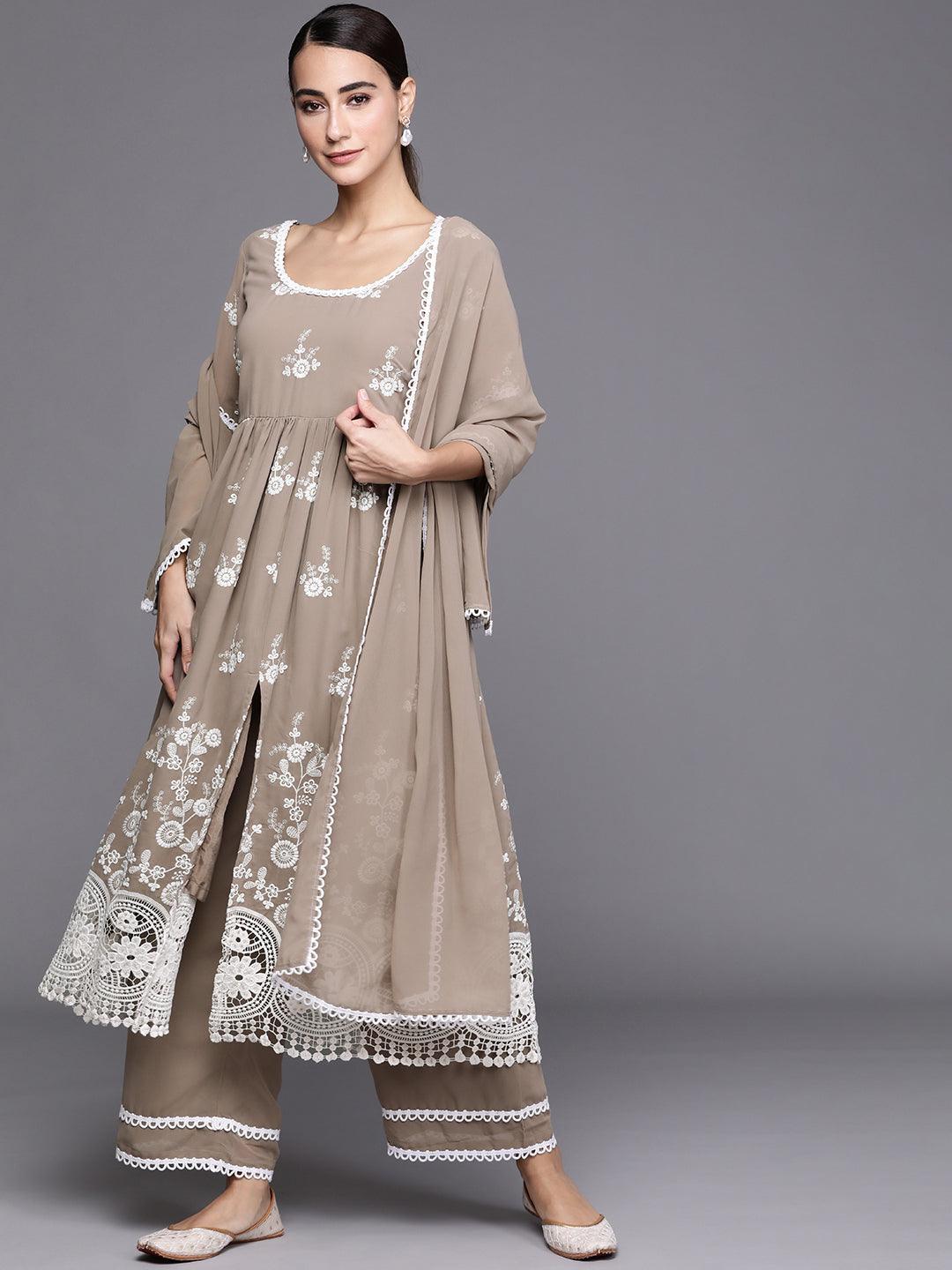 Grey Embroidered Georgette Suit Set - ShopLibas